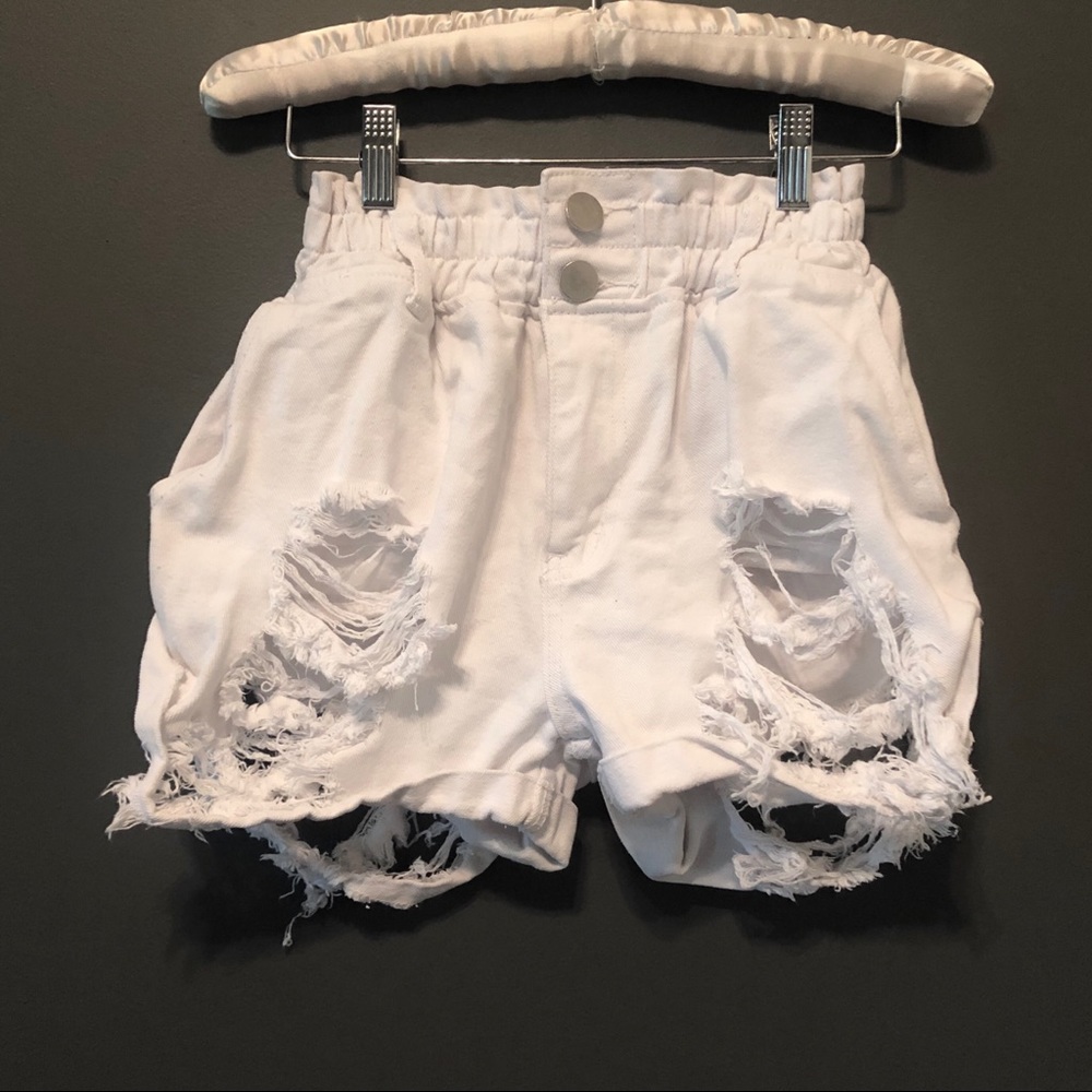 High Waisted White Ripped Jean Shorts
